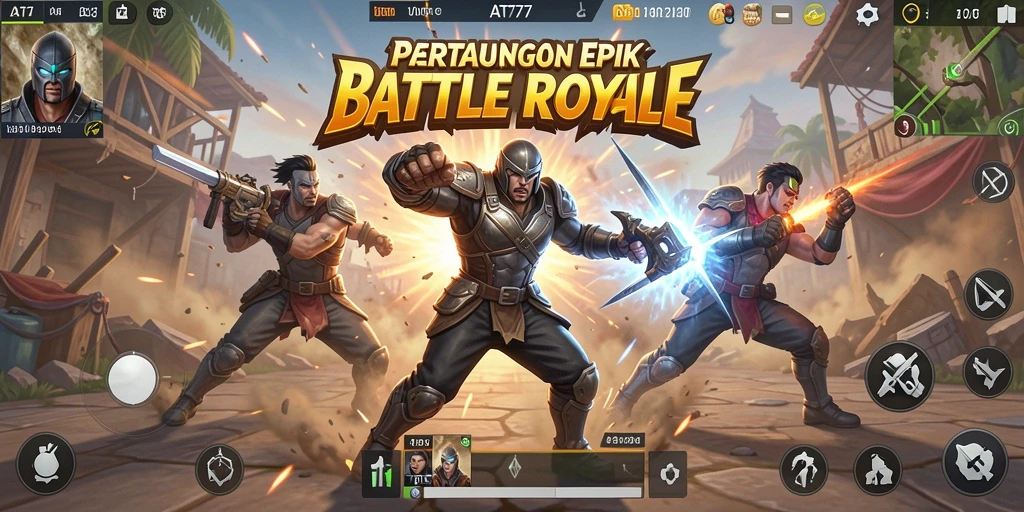 Screenshot gameplay AT777 menampilkan pertarungan sengit di arena Battle Royale.
