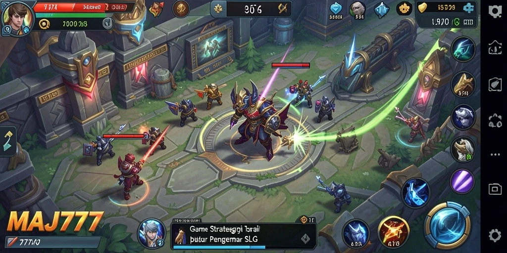 Screenshot gameplay dari MAJ777 menampilkan pertempuran strategis di kerajaan.
