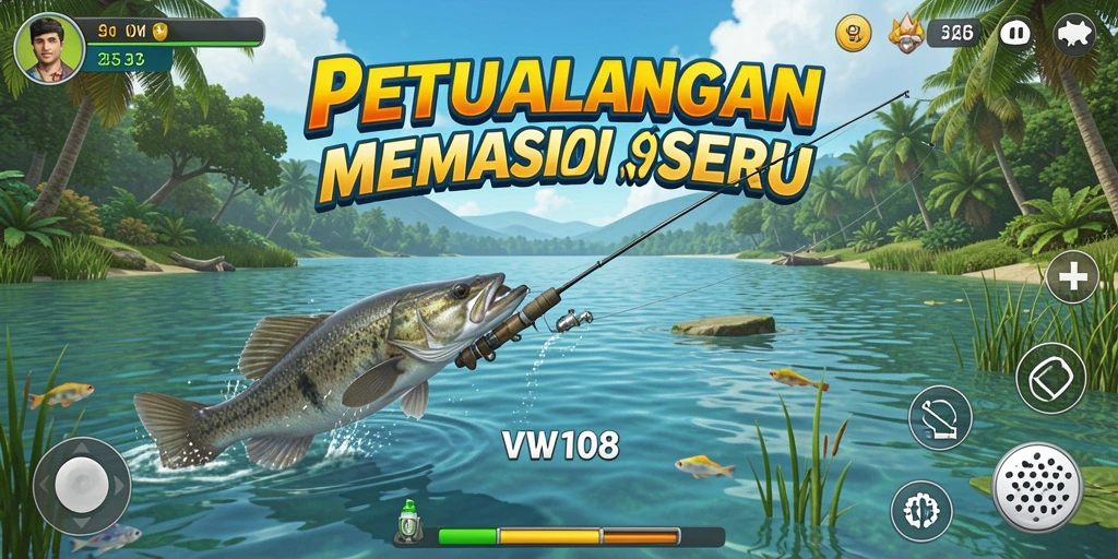 Screenshot gameplay VW108 yang menampilkan aktivitas memancing yang mendebarkan.